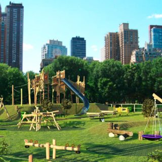 Sustainable urban development - Computer visualisation of a green playground in front of a skyline.