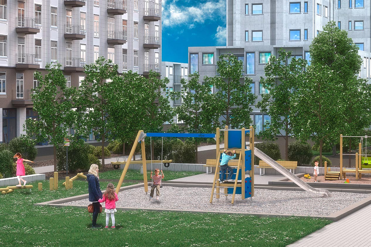 Public play facilities - computer visualisation of a playground with residential buildings in the background.